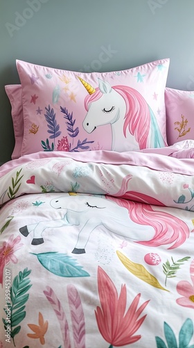 Charming unicorn bedding set featuring playful patterns and pastel colors, perfect for a whimsical bedroom decor.