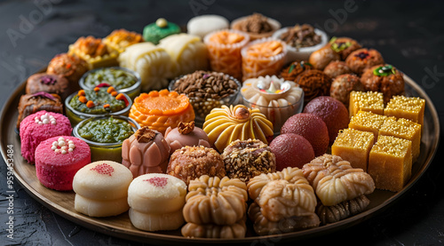 Assortment of Indian Sweets and Desserts on a Wooden Tray - Food Photography