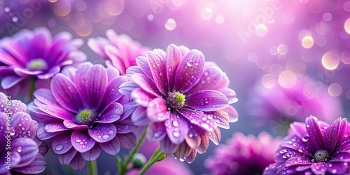 Close-up shot of purple blossoms with dew drops on them, surrounded by pink and purple blooms in soft focus background