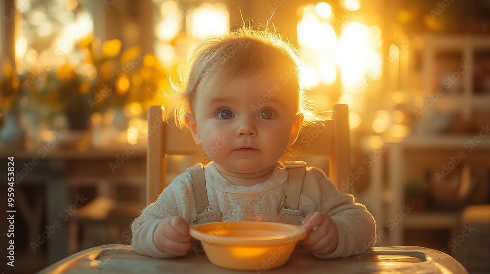 Golden Hour Scene of a Baby in a High Chair Eating from Silicone Dishes with Feeding Utensils Golden Hour Scene of a Baby in a High Chair Eating from Silicone Dishes with Feeding Utensils