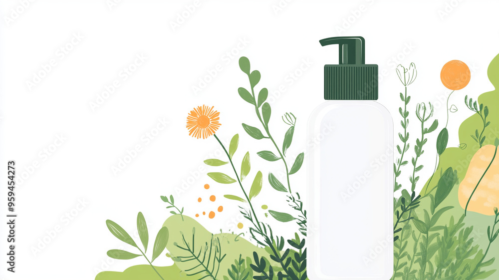 Eco friendly skincare bottle surrounded by lush greenery and flowers, symbolizing natural beauty and sustainability.