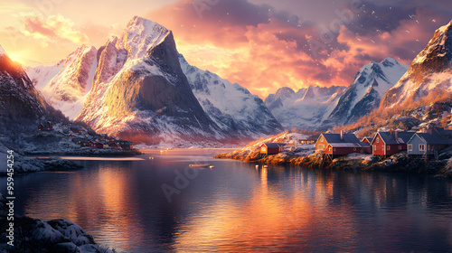 Breathtaking sunset over a picturesque village nestled between snow-capped mountains and a calm fjord.