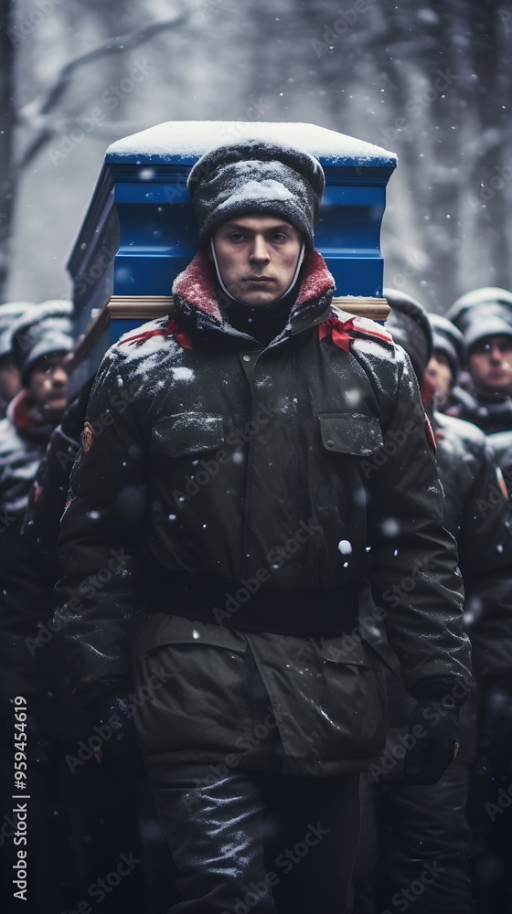 Soldier Carrying Coffin in Snowy Forest Soldier Carrying Coffin in Snowy Forest