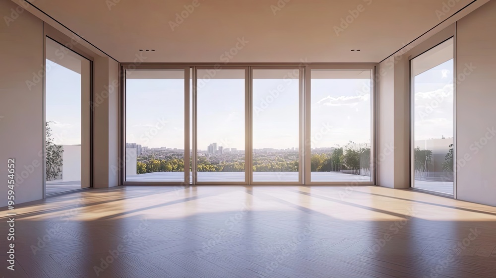 Obraz premium Empty Room with Large Windows and City View