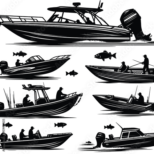 Bass Boat Silhouettes set vector