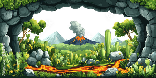 Vivid nature illustration of a volcanic eruption surrounded by green plants, cacti, and mountains, viewed through a stone archway framing the scene