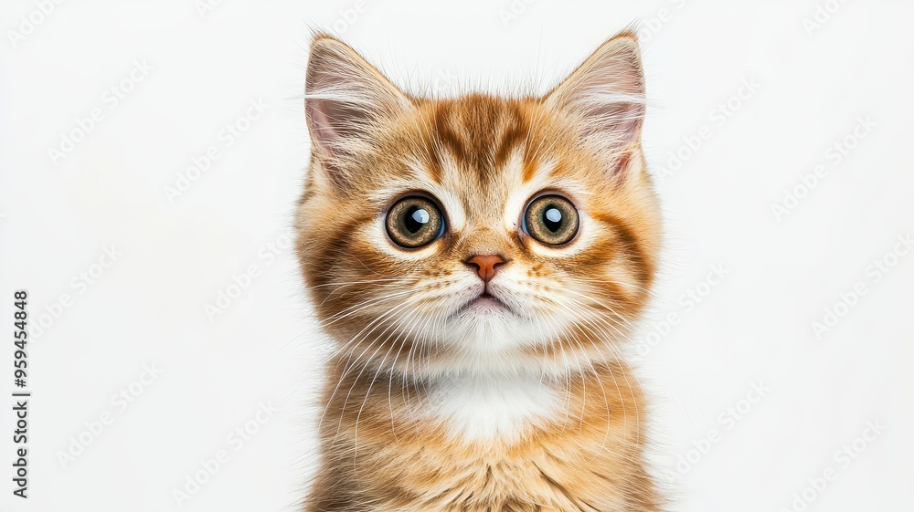Adorable orange kitten with big eyes looking curiously at the camera against a white background. Adorable orange kitten with big eyes looking curiously at the camera against a white background.