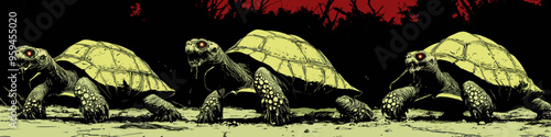 Creepy illustration of three zombie tortoises with glowing red eyes marching through a forest with a blood-red sky, creating a haunting atmosphere