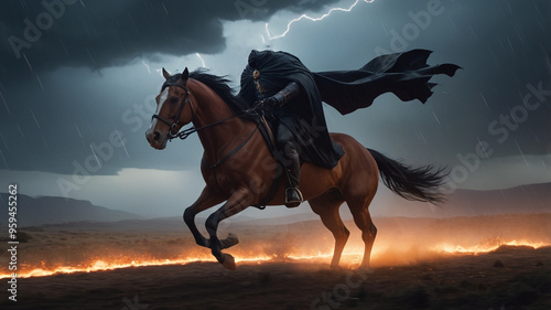 Against the backdrop of a violent thunderstorm, the headless horseman gallops across a windswept plain, clutching a fiery, glowing pumpkin head. Lightning streaks across the sky, 