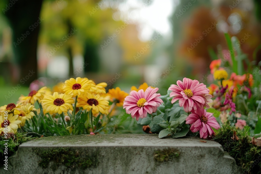 Floral decoration on the grave with a cementary in the background with generative ai Floral decoration on the grave with a cementary in the background with generative ai