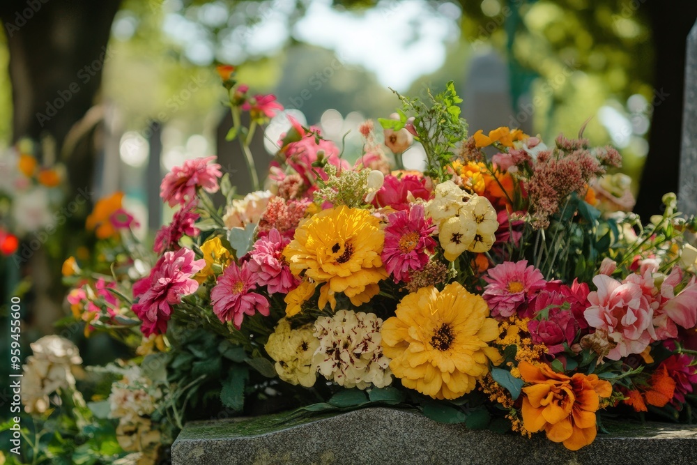 Floral decoration on the grave with a cementary in the background with generative ai Floral decoration on the grave with a cementary in the background with generative ai