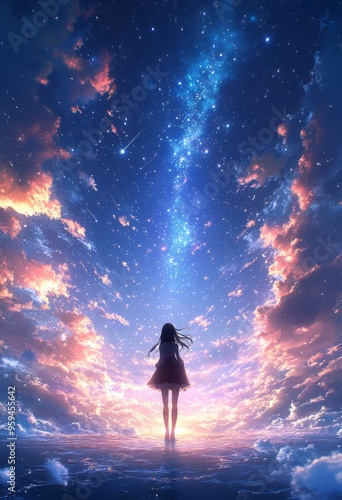 星空の下、海に立つ少女