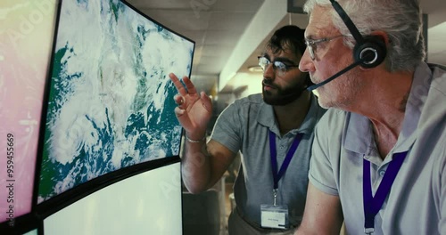 Computer screen, weather map and media employee for report, news or forecast in discussion as meteorologist. Male people, research and professional for update, ecology and analysis for climate change