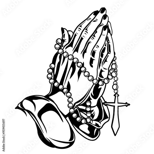 Praying Hands | Hand w/Rosary | Prayer Warrior | Holy Rosary | Catholic Faith | Prayer Beads | Rosary | God Faith | Original Illustration | Vector and Clipart | Cutfile and Stencil