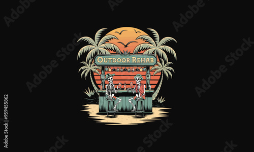 Skeletons at a tropical bar, enjoying drinks with sunset backdrop.