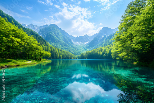 A serene mountain lake with crystal clear water reflecting the sky and surrounding lush greenery.