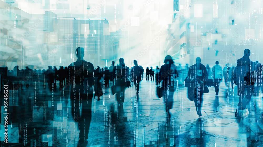 Futuristic city with silhouettes of people walking through urban streets and digital overlay Futuristic city with silhouettes of people walking through urban streets and digital overlay