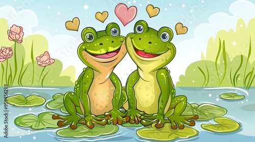 illustration, cute frog couple, cartoon style, Valentine's Day