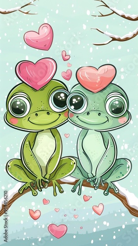 illustration, cute frog couple, cartoon style, Valentine's Day