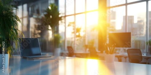 Modern business office setting environment blurred background with sunlight reflection on window glass for design，Cultural Inclusivity and Freedom in Contemporary Workspace. End-of-Season Promotion fo