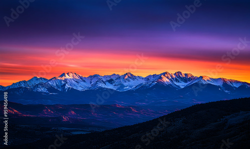 Dramatic mountain range at sunset with vibrant orange and purple hues.