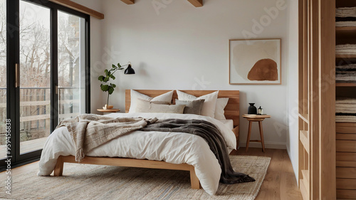 A Cozy Bedroom With Light Wood Furniture, White Walls, And Soft Textiles In A Scandinavian Design, Modern Bedroom