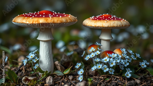 Amanita mushrooms and forget-me-not flowers, luxury, clean, smooth, elegant, beautiful, highly detailed, sharp focus, studio photography, xf iq 4, 1 5 0 mp, 5 0 mm, iso 2 0 0, 1 / 1 6 0 s, realistic,  photo