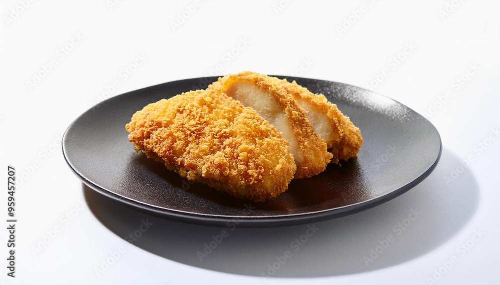 Tonkatsu on black plate with white background isolated Tonkatsu on black plate with white background isolated