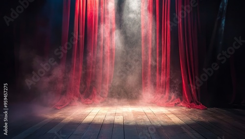 Empty stage with red curtains, spotlights, and smoke.