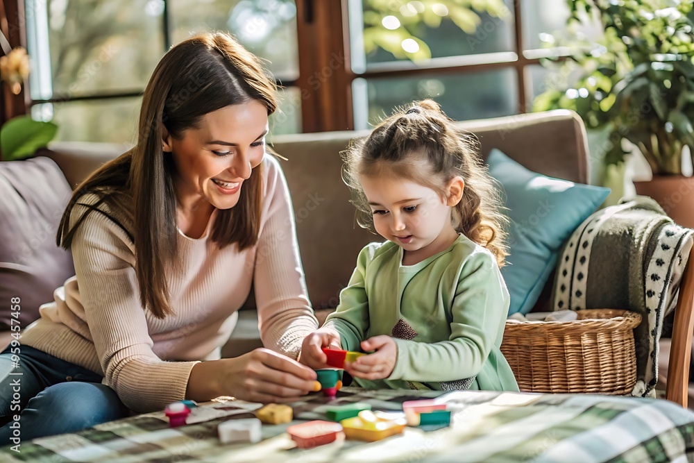 Fototapeta premium Mother and Daughter Playing With Wooden Blocks.