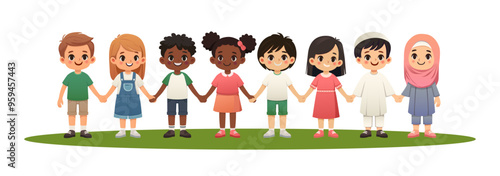 Vector cartoon style illustration. Kids holding hands together. Different races. Happy children smiling. 