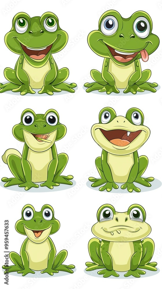 Set of cartoon hungry frog sad, smile, resting and hunting isolated on white background Set of cartoon hungry frog sad, smile, resting and hunting isolated on white background
