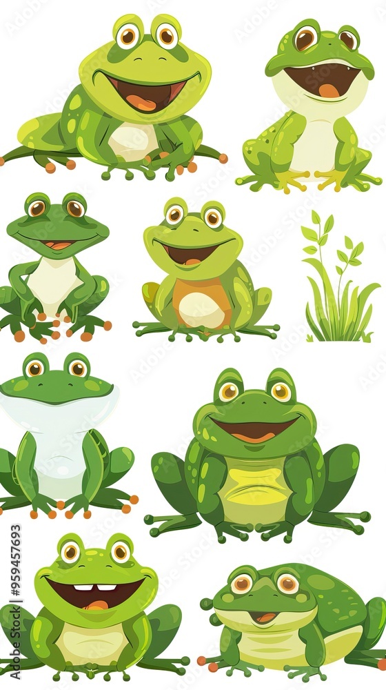 Set of cartoon hungry frog sad, smile, resting and hunting isolated on white background Set of cartoon hungry frog sad, smile, resting and hunting isolated on white background