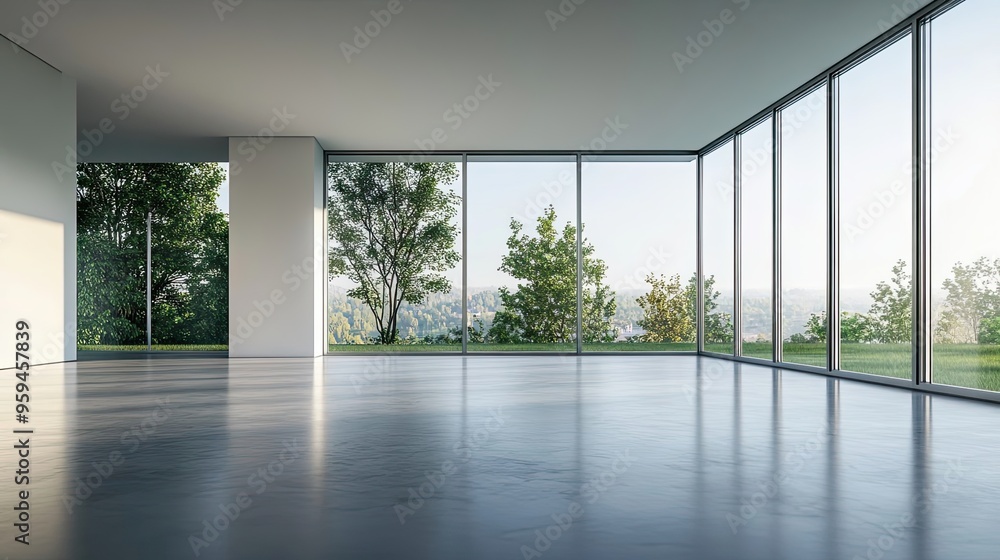 Fototapeta premium Modern Interior with Large Windows and a View of Greenery