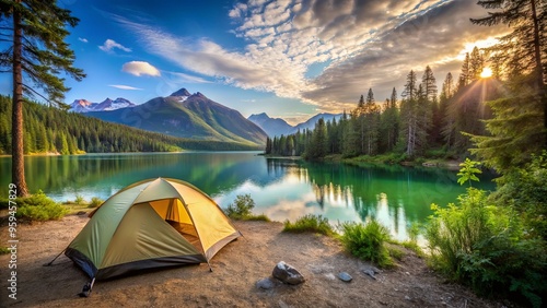 Tranquil camping scene by a mountain lake, tent pitched with scenic backdrop photo