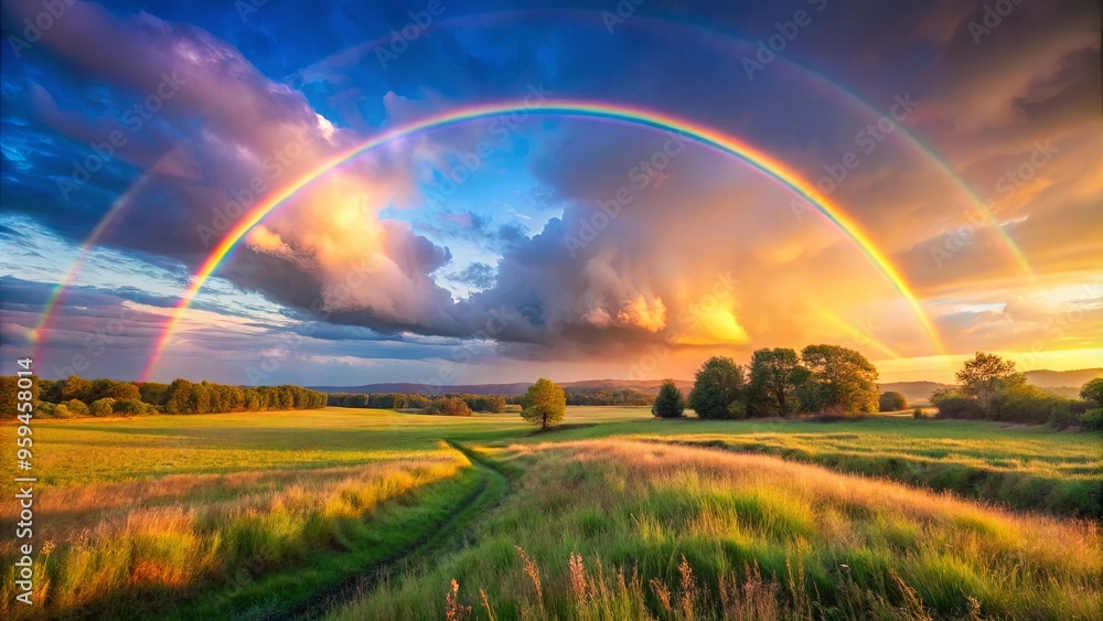 Obraz premium Tranquil sunrise in the countryside featuring a vibrant double rainbow
