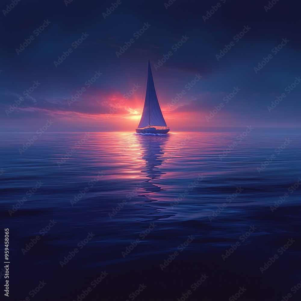 Fototapeta premium A sailboat sails towards the horizon, its white sails catching the last rays of a vibrant sunset.