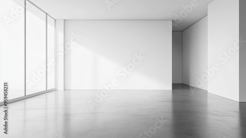 Minimalist White Room with Glass Window and Concrete Floor