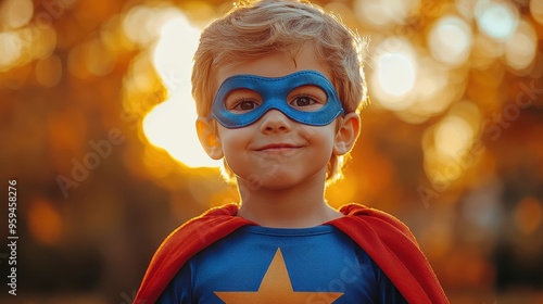 Cute little boy dressed as a superhero in a blue costume with a red cape and eye mask, posing for a photo in a park at sunset, with a blurred outdoor background.

 photo