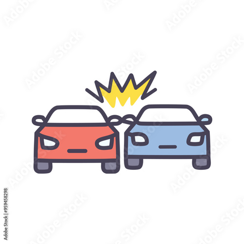 Car collision cartoon. Illustration of two cars colliding, representing an accident, carelessness, and the need for caution.