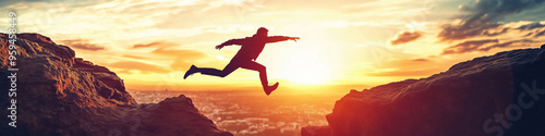 Wallpaper Mural Courage man jumping over cliff on sunset background,Business concept idea Torontodigital.ca