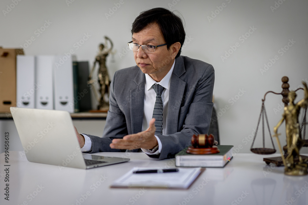 A senior man lawyer conducts an online consultation from a laptop via video link for a client. work in a law firm checking documents or contracts via the Internet. european senior adul lawyer. A senior man lawyer conducts an online consultation from a laptop via video link for a client. work in a law firm checking documents or contracts via the Internet. european senior adul lawyer.