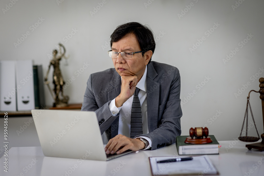 A senior man lawyer conducts an online consultation from a laptop via video link for a client. work in a law firm checking documents or contracts via the Internet. european senior adul lawyer. A senior man lawyer conducts an online consultation from a laptop via video link for a client. work in a law firm checking documents or contracts via the Internet. european senior adul lawyer.