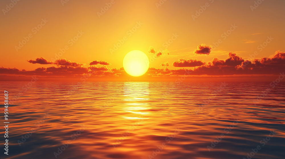 Golden sunset over a calm sea, clear weather, warm glow on the horizon Golden sunset over a calm sea, clear weather, warm glow on the horizon