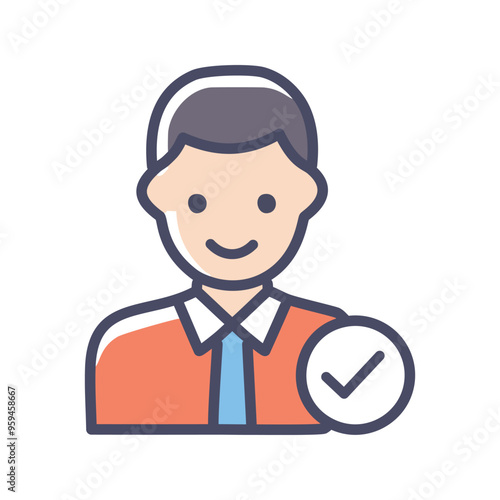 Approved user icon. Smiling man in a shirt with a checkmark, symbolizing approval, verification, and acceptance.