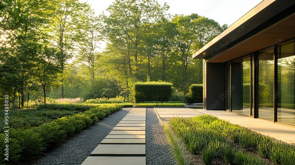 Fototapeta premium Modern House with Stone Pathway Surrounded by Lush Greenery