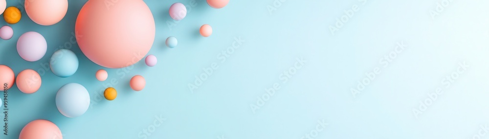 Colorful spheres arranged on a soft blue background, perfect for creative and playful design projects. Colorful spheres arranged on a soft blue background, perfect for creative and playful design projects.