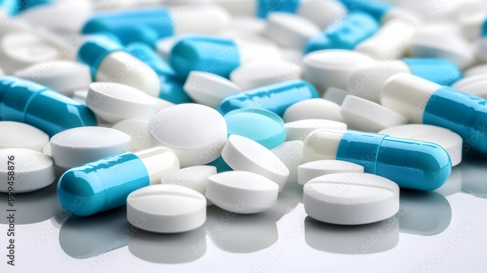 Medication Concept: Assorted Blue and White Pills on Table, Ideal for Pharmaceutical Marketing and Education Medication Concept: Assorted Blue and White Pills on Table, Ideal for Pharmaceutical Marketing and Education