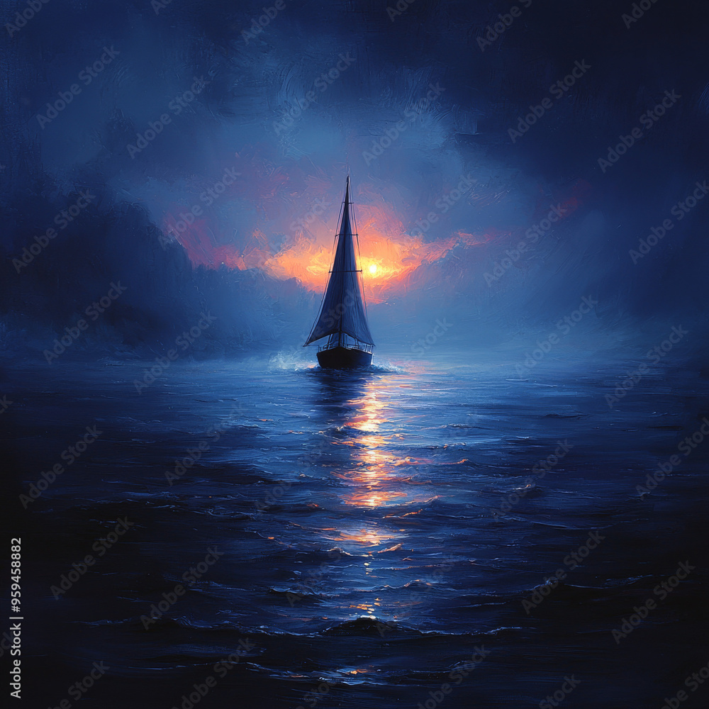 Fototapeta premium A lone sailboat sails into the sunset, leaving a trail of golden light on the water.