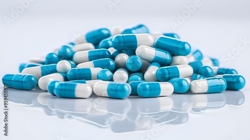 Medication Concept: Assorted Blue and White Pills on Table, Ideal for Pharmaceutical Marketing and Education